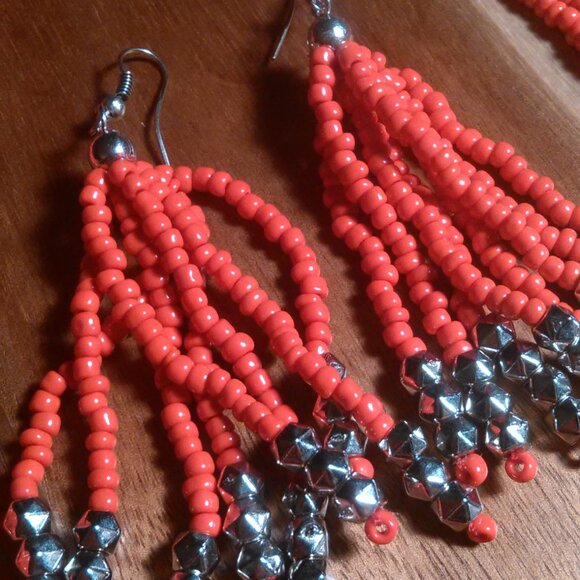 Red Seed Bead and Stainless Steel Multi-Strand Necklace and Dangle Earrings Set - Picture 5 of 11